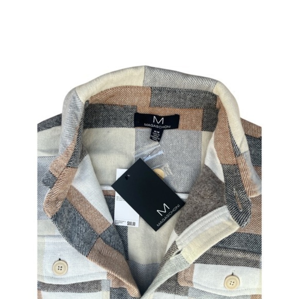 Magaschoni Womens Plaid Shacket Black Camel Ivory Button Front Shirt Jacket M - Picture 3 of 4